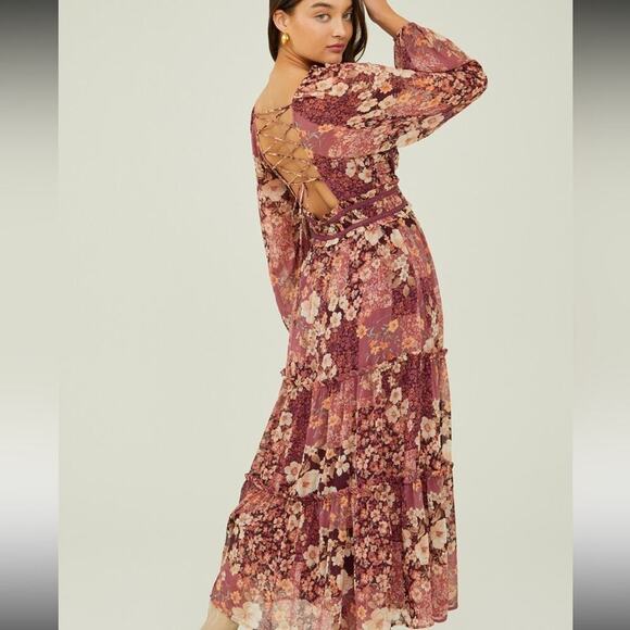 Altar'd State Dresses & Skirts - Altar'd State Billy Patchwork Maxi Dress Burgundy Floral Lace Up XS Cottagecore
